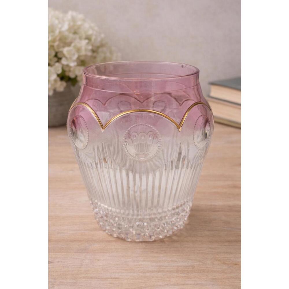 Antique EAPG Pink Blush Rose Bowl Vase Gold Trim Manhattan Sunrise Pattern c1900